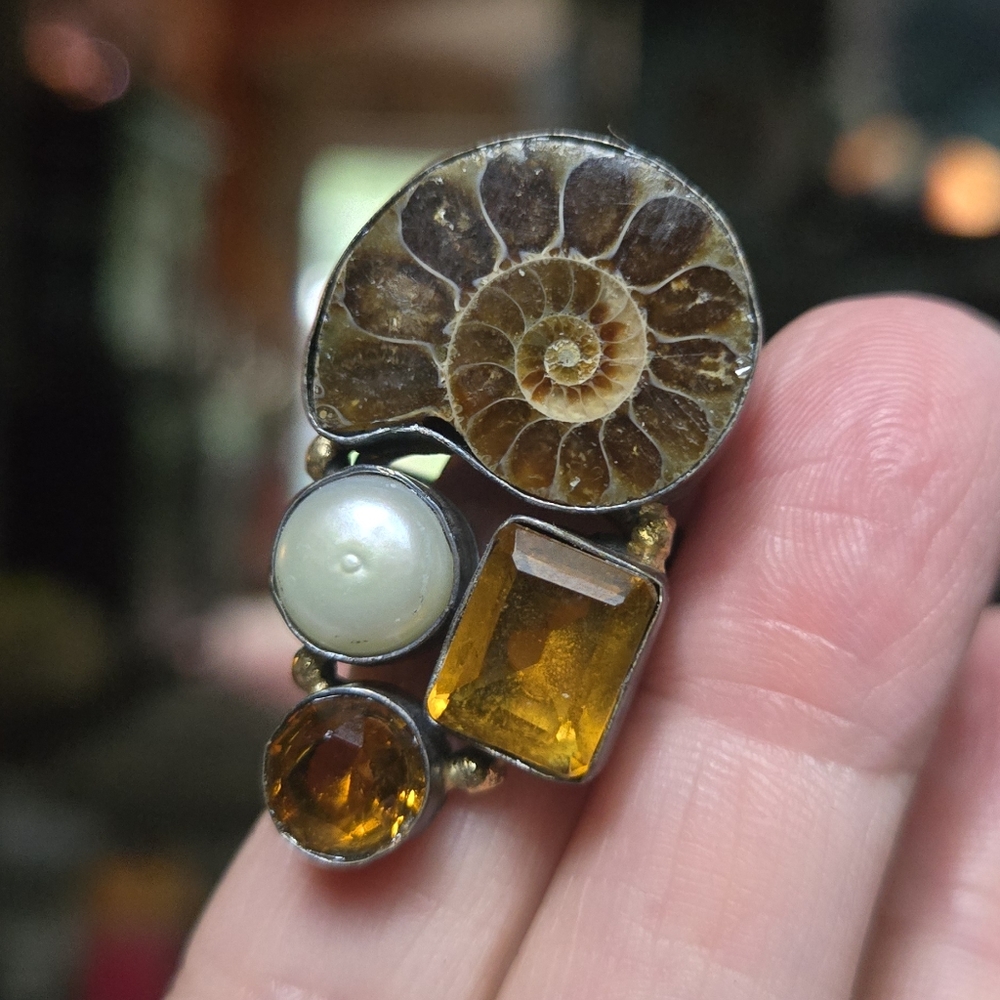 Ammonite Fossil pearl & citrine gemstone sterling & gold Ring sz8.5 - Picture 11 of 11
